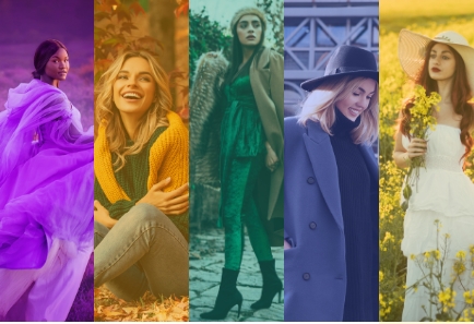 Women wearing different outfits in hues of purple, yellow, green and blue.